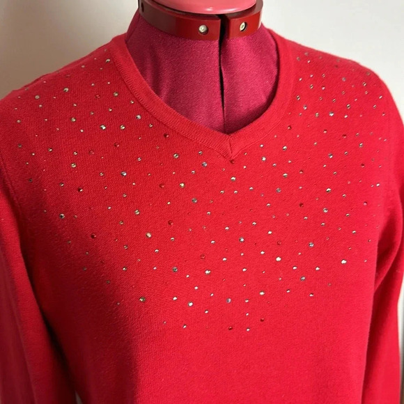 Carole Reed petite red long sleeve V-neck sweater multi-size adhesive sparkles - Picture 6 of 6